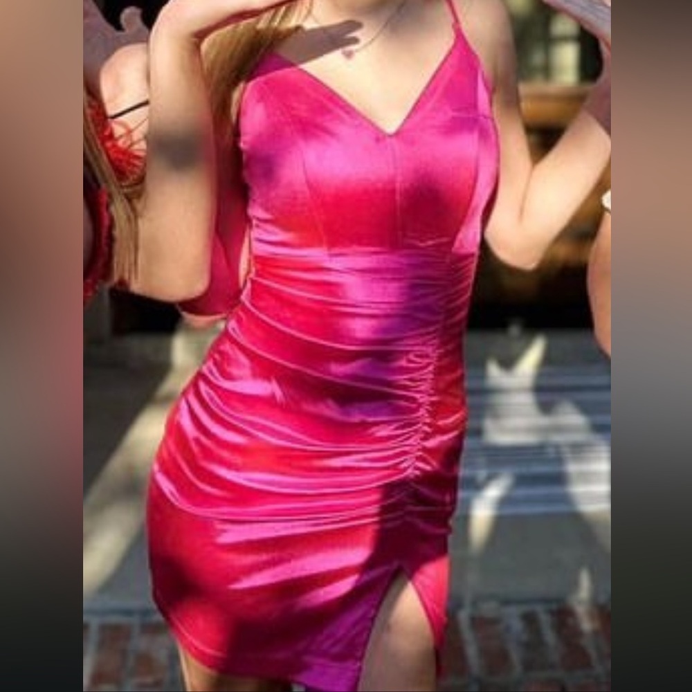 Honey and Rosie Pink Ruched Slit Homecoming Dress